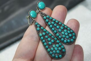 Signed Vintage Sterling Silver Petit Point Turquoise Screw Back Dangle Earrings