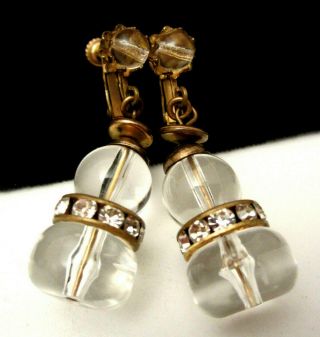 Rare Vintage 1 - 3/4 " Signed Miriam Haskell Lucite Rhinestone Clip On Earrings A77