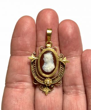 Antique Victorian Etruscan Revival Gold Filled Hard Stone Carved Cameo Pendant