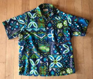 Vtg 60’s Pomare Tahiti Barkcloth Hawaiian Aloha Shirt.  Blues And Greens