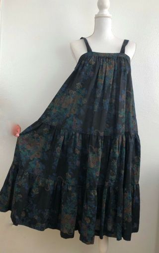 Vintage Young Edwardian by Arpeja Black Floral Prairie Boho Tiered Sun dress 5 8