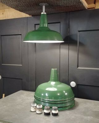 Vintage Benjamin Green Porcelain Enamel Barn Light 18 " Industrial Gas Station