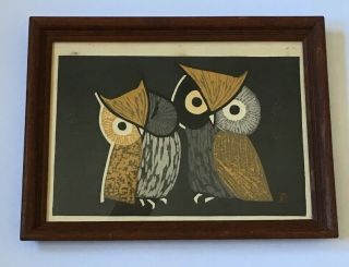 Owls Kawano Kaoru Vintage Framed Japanese Mid - Century Art Print