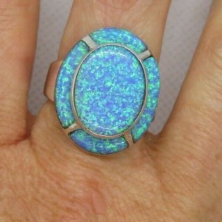 Vtg Ott Created Azure Opal Sterling Silver Ring Large Oval Thick 9.  4g Heavy Sz 7