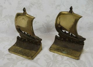 Vintage B&h Bradley And Hubbard Brass Tone Cast Iron Viking Roman Ship Bookends
