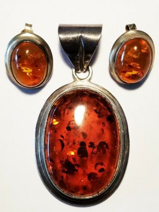 Vintage Huge Set Of Baltic Amber Sterling Silver 925 Cabochon Pendant W Earrings