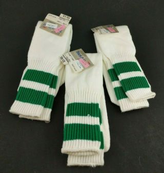 Vintage Unworn Socks Green Stripe Tube Sock Deadstock 3 Pair 10 - 13 White Knit