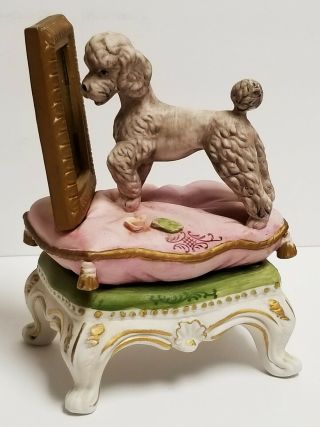Vintage Hand Painted Porcelain Bisque Poodle Looking In Mirror Ottoman Figurine