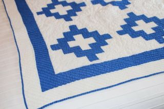 Vintage Fabulous Hand Stitched Cotton Quilt Blue & White Double Row Stitch 68x70 2