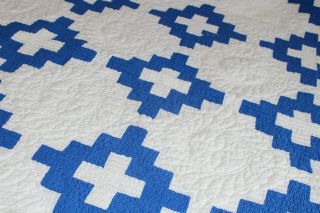 Vintage Fabulous Hand Stitched Cotton Quilt Blue & White Double Row Stitch 68x70 6