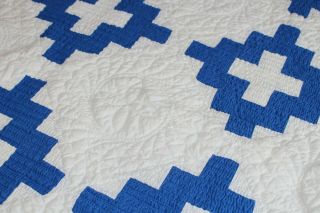 Vintage Fabulous Hand Stitched Cotton Quilt Blue & White Double Row Stitch 68x70 7