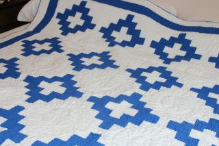 Vintage Fabulous Hand Stitched Cotton Quilt Blue & White Double Row Stitch 68x70 8