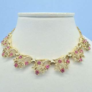 Vintage Necklace Coro 1950s Pink Crystal Goldtone Leaves Bridal Jewellery