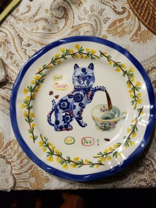 Anthropologie Nathalie Lete Francophile Cat Teapot Saucer 10” Plate Vintage Nwt