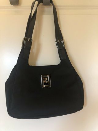 Authentic Fendi Shoulder Bag Black Nylon Silver/black Enamel Hardware Logo Vtg