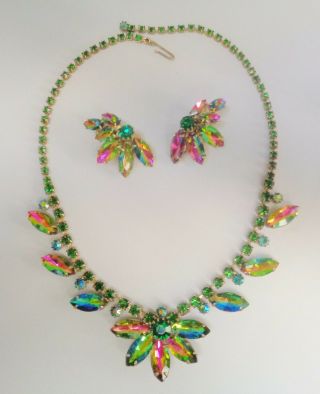 Vintage Juliana Watermelon & Green Rhinestone Gold Necklace & Earrings