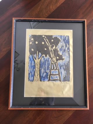 Vtg Mid Century Modern Abstract Gold Orchard Apple Tree Artwork Print - Signed