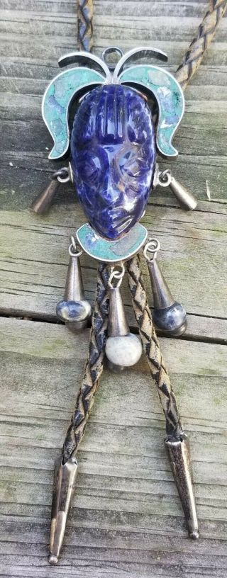 Vtg Taxco Mexico Sterling Silver,  Turquoise & Lapis Aztec Mask Warrior Bolo