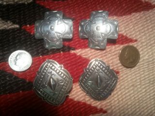 2 Pair Vintage Navajo Indian Sterling Silver Hand Stamped Cross/conchos Earrings