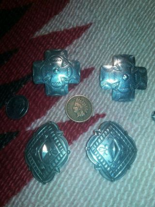 2 pair Vintage Navajo Indian Sterling Silver Hand Stamped Cross/Conchos earrings 8