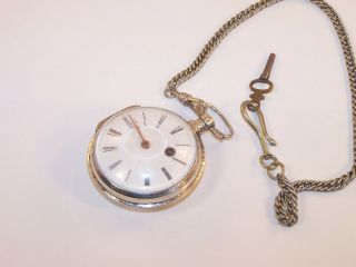 Antique Verge Fusee Sterling Silver Case Pocket Watch w/Key 2