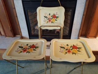 Set 4 Vintage Floral Roses White Metal Dinner Tv Trays W/ Stand 1950s Retro