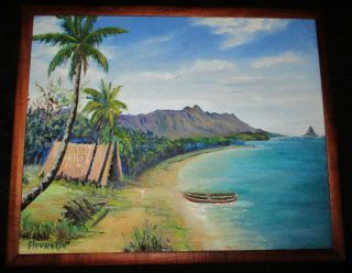 Hawaii Vintage Signed Oil Painting Fleurette Solid Hawaiian Koa Wood Frame 17x21