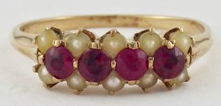 Vintage 14k Yellow Gold Faux Ruby & Real Seed Pearl Ring Size 6 3/4