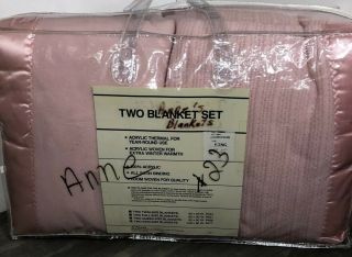 Vtg Set Of 2 Acrylic Thermal King Size (108x90) Tea Rose Pink Blanket