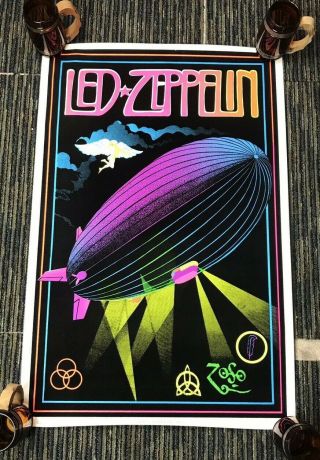 Rare Vtg 90s Black Light Flocked 1999 Led Zeppelin Poster 35”x23” Vibrant Colors