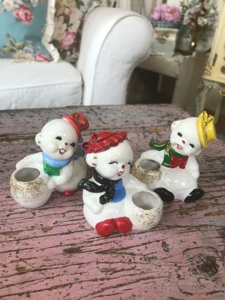 Vintage 3 Snowmen Snowlady Christmas Candleholders Japan Hats Scarf Adorable