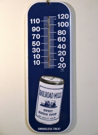 Vintage Railroad Mills Sweet Scotch Snuff 16 " Blue Metal Advertising Thermometer