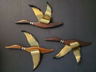 3 Vtg Flying Wood Brass Ducks Geese Wall Art Mid Century Modern Masketeers