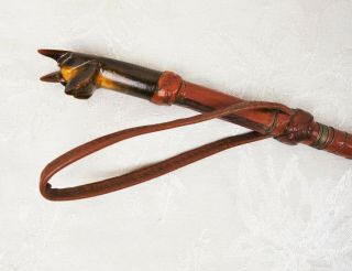 Vintage Antique Leather Carved Dog Head Horse Riding Crop Whip Brown Leather 2