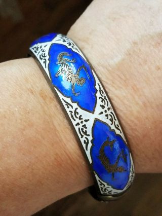 Vintage Sterling Silver Blue Enamel Siam Clamper Bracelet