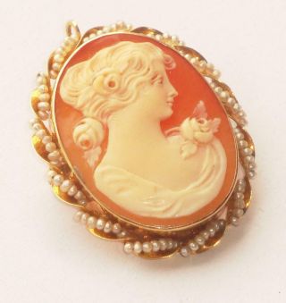 Antique Vintage Classic Lady Carved Shell Cameo Gold Necklace Pendant Brooch