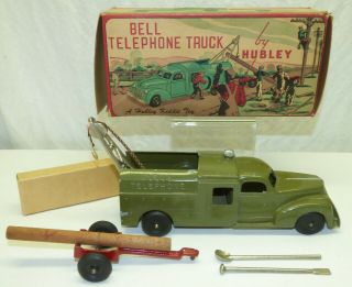 Vtg Old Hubley Kiddie Toy Bell Telephone Truck No.  478 W/ Box Trailer & Tools