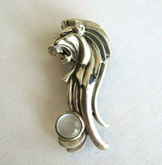 Vintage 925 STERLING SILVER Signed LION Brooch Pin Roaring Moonstone CAMERON 3