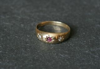 Vintage 9ct Yellow Gold Diamond And Ruby Three Stone Gypsy Style Trilogy Ring 9k