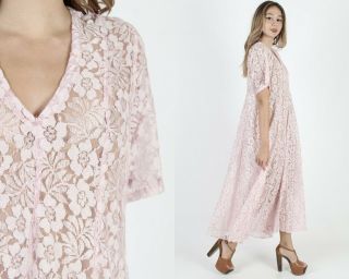 Vintage 90s Sheer Pink Lace Dress Floral Grunge Gypsy Boho Festival Boho Maxi