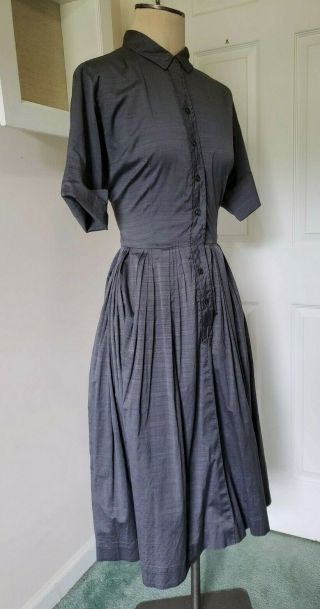 Vintage 1950 ' s Grey Denim Cotton Day Dress Circle Skirt Collar Front Button Down 2