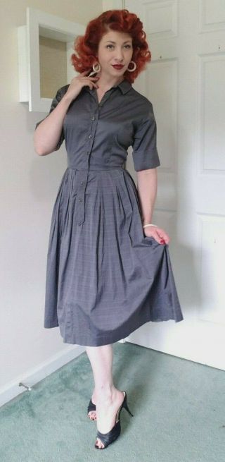 Vintage 1950 ' s Grey Denim Cotton Day Dress Circle Skirt Collar Front Button Down 3