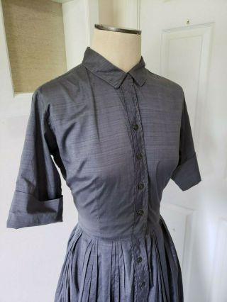Vintage 1950 ' s Grey Denim Cotton Day Dress Circle Skirt Collar Front Button Down 4