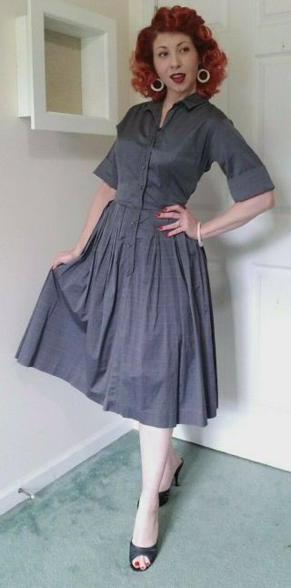Vintage 1950 ' s Grey Denim Cotton Day Dress Circle Skirt Collar Front Button Down 5