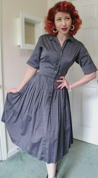 Vintage 1950 ' s Grey Denim Cotton Day Dress Circle Skirt Collar Front Button Down 7