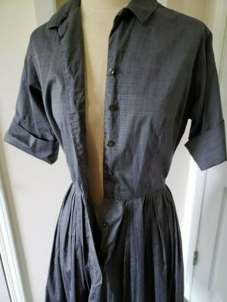 Vintage 1950 ' s Grey Denim Cotton Day Dress Circle Skirt Collar Front Button Down 8