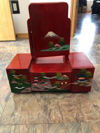 Vintage Red Lacquer Big Jewelry Box Trio Fold Mirrors Trees Homes Design Japan