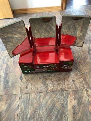 Vintage Red Lacquer Big Jewelry Box Trio Fold Mirrors Trees Homes Design Japan 2