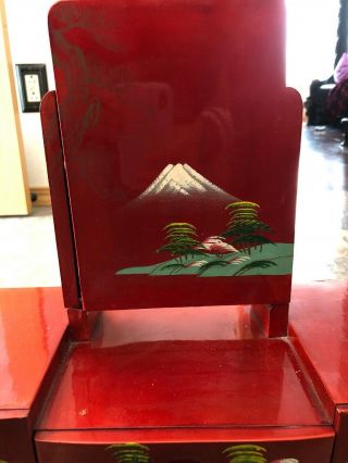 Vintage Red Lacquer Big Jewelry Box Trio Fold Mirrors Trees Homes Design Japan 4