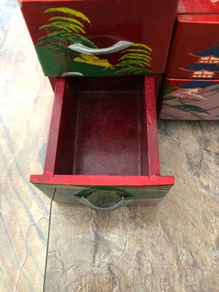 Vintage Red Lacquer Big Jewelry Box Trio Fold Mirrors Trees Homes Design Japan 5